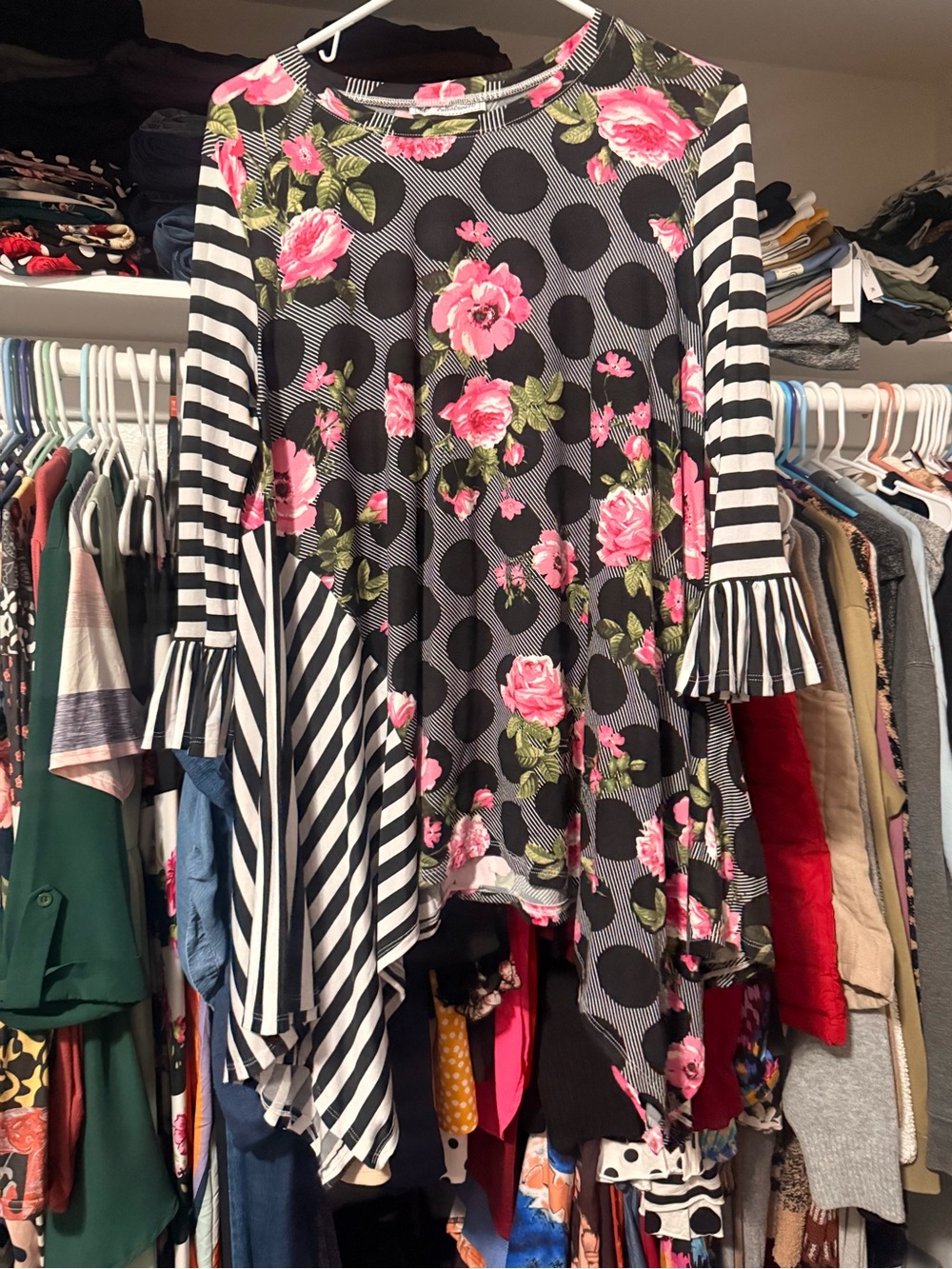 Black & White Polka Dot Floral Tunic with Striped Ruffle Sleeves